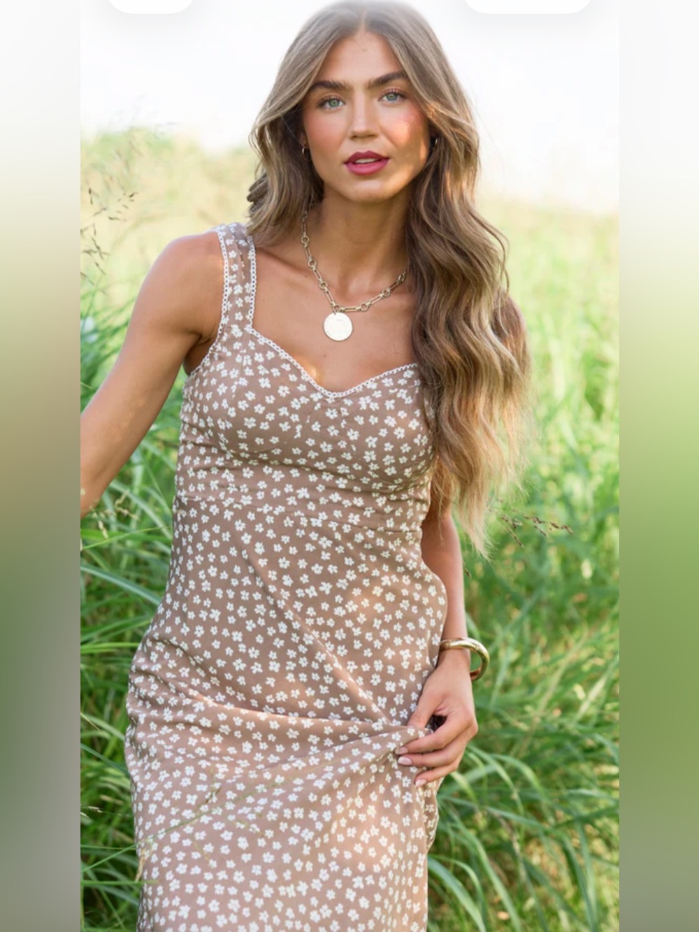 Pink Lily Brown Floral Midi Dress with White Daisy Print